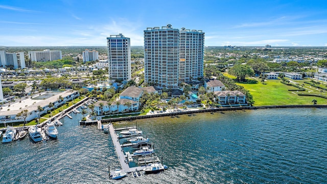 drone / aerial view with a water view