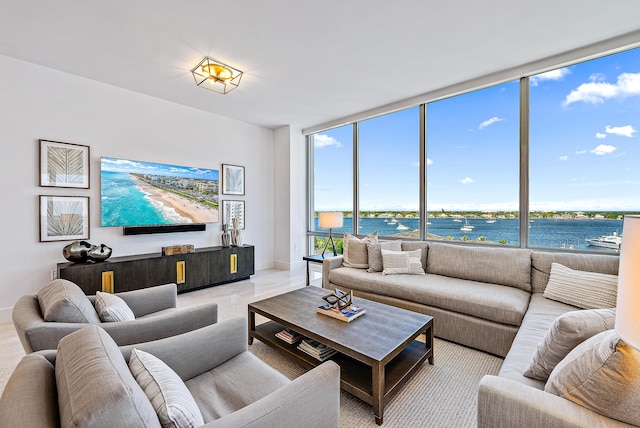 living room featuring a water view