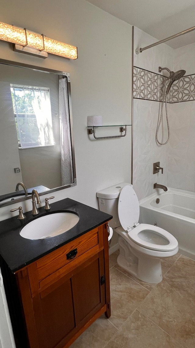 full bathroom featuring vanity, shower / bath combo, toilet, and tile patterned floors