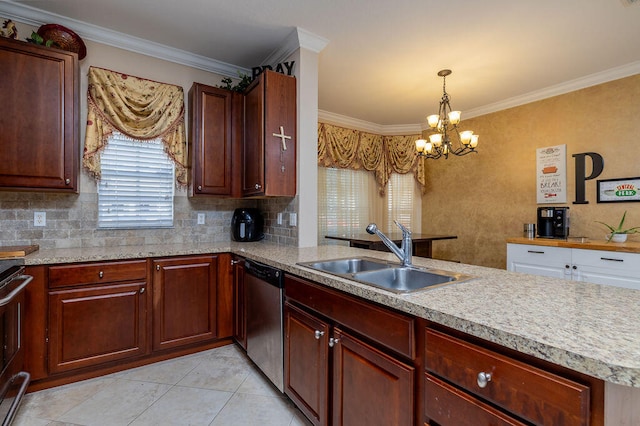 kitchen featuring sink, dishwasher, light tile flooring, backsplash, and a chandelier