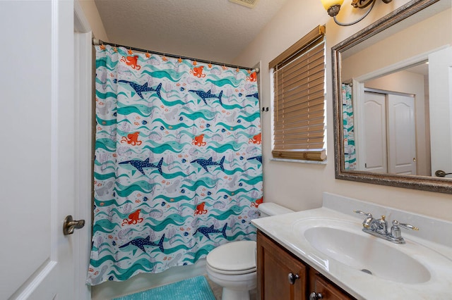 bathroom with toilet, vanity, and a textured ceiling