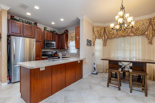 kitchen featuring hanging light fixtures, stainless steel appliances, light tile flooring, tasteful backsplash, and a chandelier