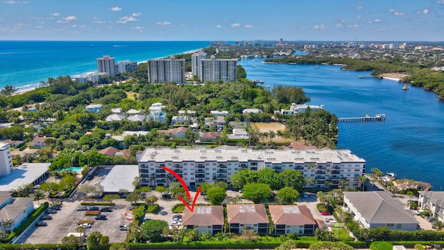 aerial view featuring a water view