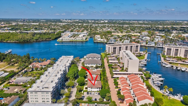 aerial view featuring a water view