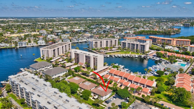 drone / aerial view featuring a water view