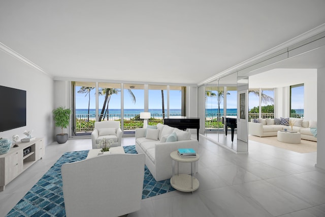 living room with crown molding, a wall of windows, and a water view