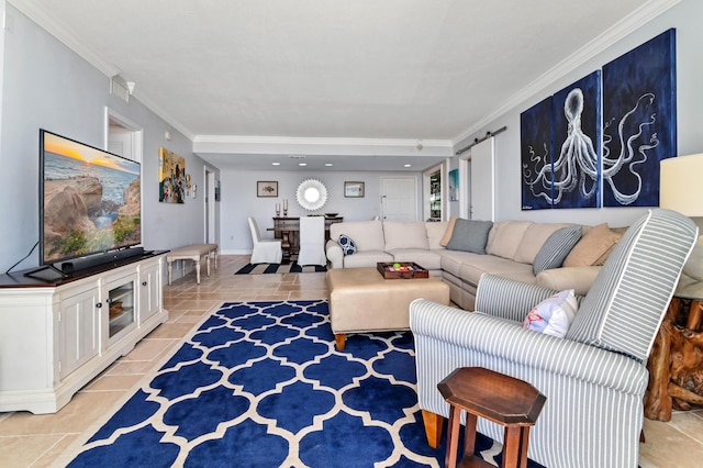 living room featuring light tile patterned floors, crown molding, and a barn door