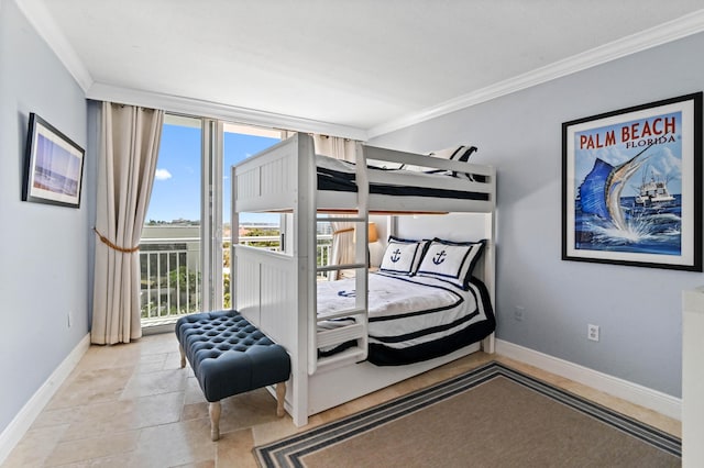 bedroom featuring crown molding and access to exterior