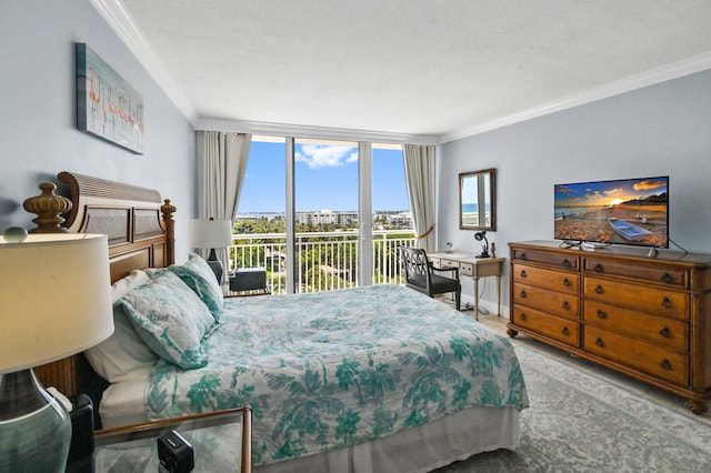 bedroom with access to exterior, ornamental molding, and expansive windows