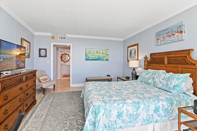 bedroom with crown molding and light tile patterned floors