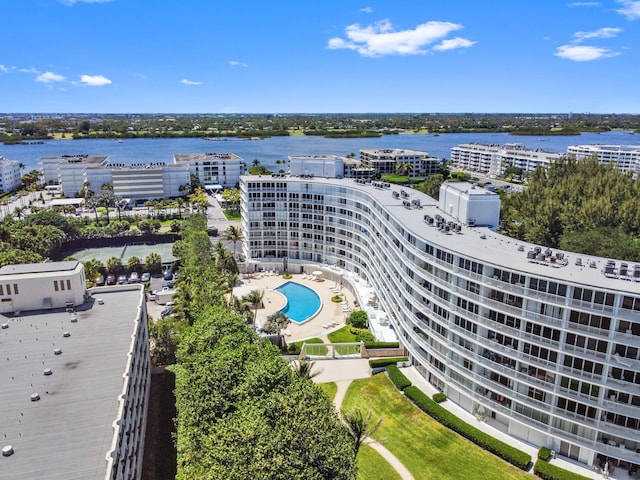 drone / aerial view featuring a water view