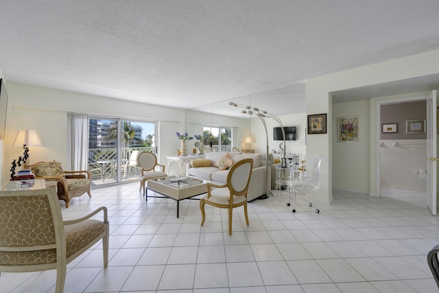 tiled living room with a textured ceiling