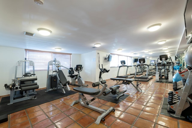 gym featuring dark tile flooring and a wealth of natural light