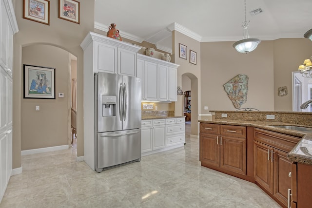 kitchen featuring white cabinets, light tile flooring, stainless steel fridge with ice dispenser, and light stone counters