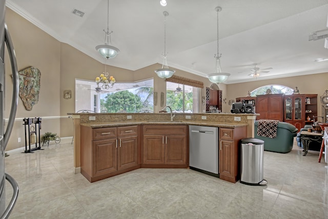 kitchen featuring ceiling fan with notable chandelier, light stone countertops, dishwasher, and decorative light fixtures