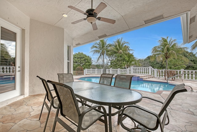 view of patio / terrace featuring ceiling fan and a fenced in pool