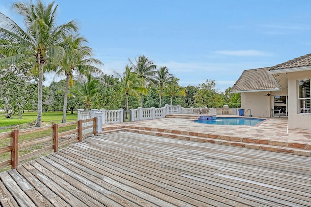 wooden deck featuring a fenced in pool