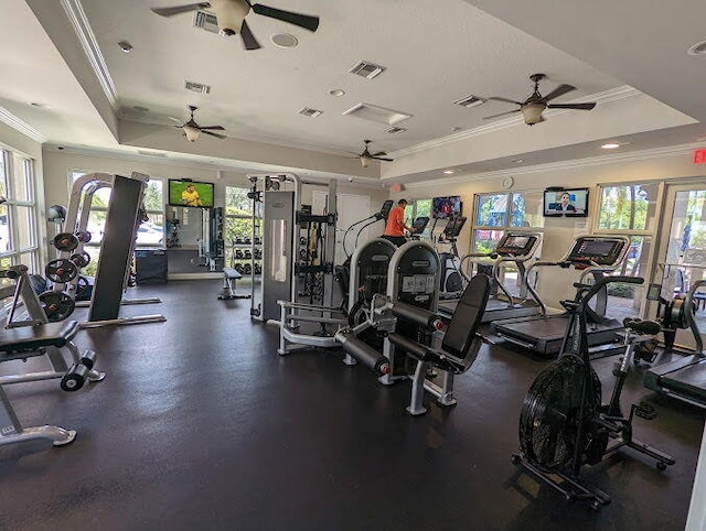 workout area with ceiling fan, ornamental molding, a raised ceiling, and a healthy amount of sunlight