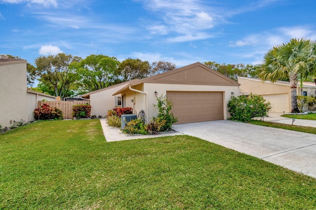 ranch-style house with cooling unit, a front yard, and a garage