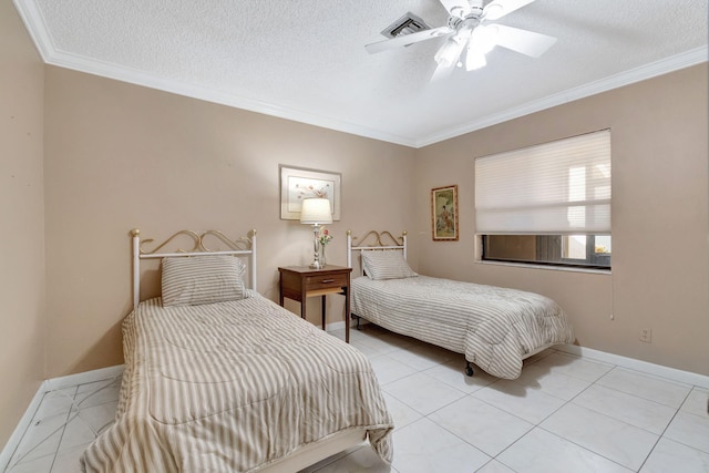 bedroom featuring light tile patterned floors, a textured ceiling, ceiling fan, and crown molding