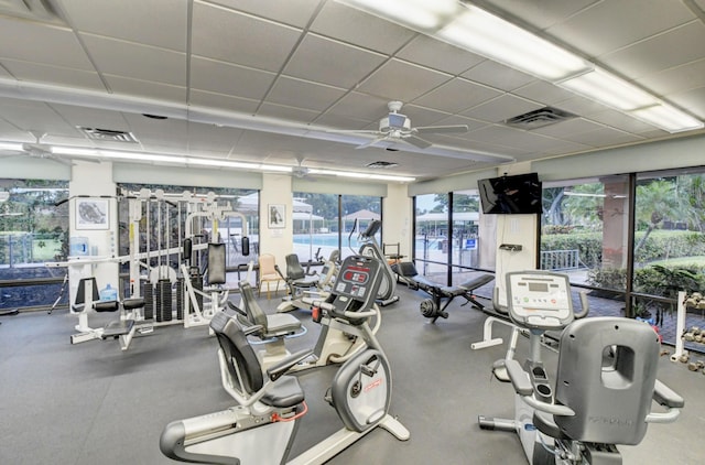 exercise room with a paneled ceiling, ceiling fan, and a wealth of natural light