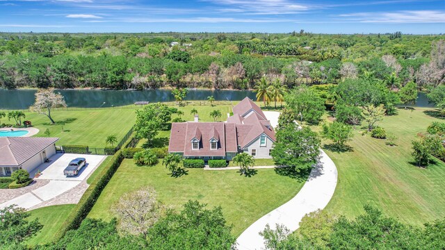 aerial view featuring a water view