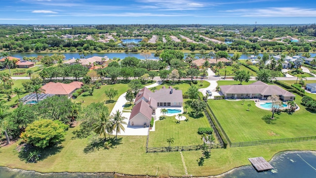 bird's eye view with a water view