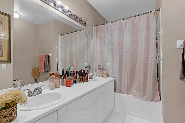 bathroom featuring shower / bath combination with curtain, double vanity, and tile flooring