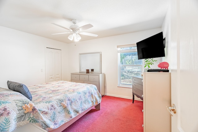 bedroom featuring a closet, dark carpet, and ceiling fan