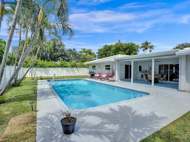 view of pool with a fenced in pool, a patio area, a fenced backyard, and a grill