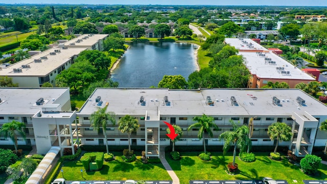 bird's eye view with a water view