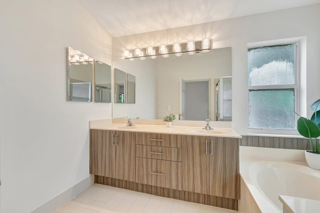 bathroom with tile patterned flooring, vanity, and plus walk in shower