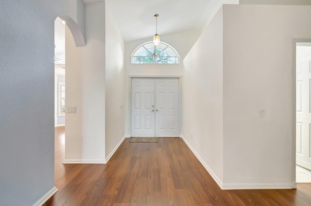 foyer with dark wood-type flooring and vaulted ceiling