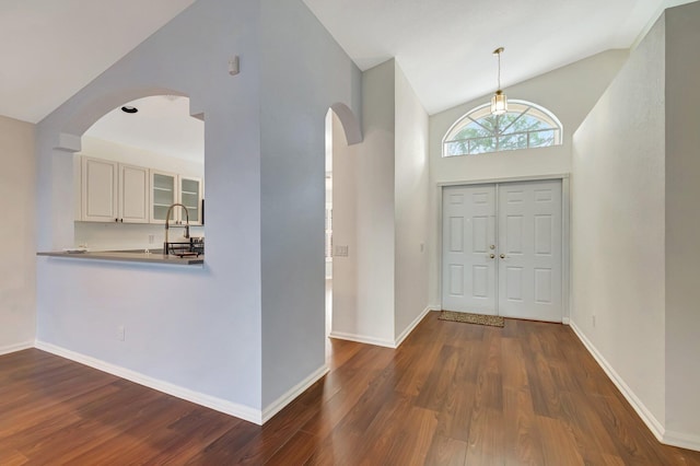 foyer featuring dark hardwood / wood-style flooring and high vaulted ceiling