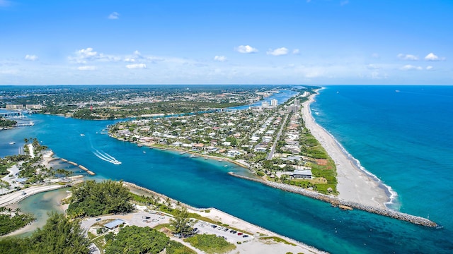 aerial view featuring a water view and a view of the beach