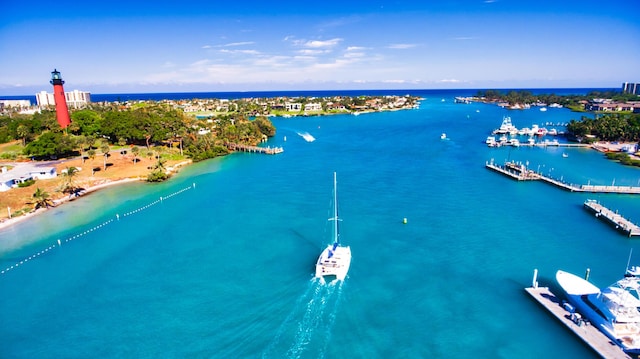 birds eye view of property with a water view