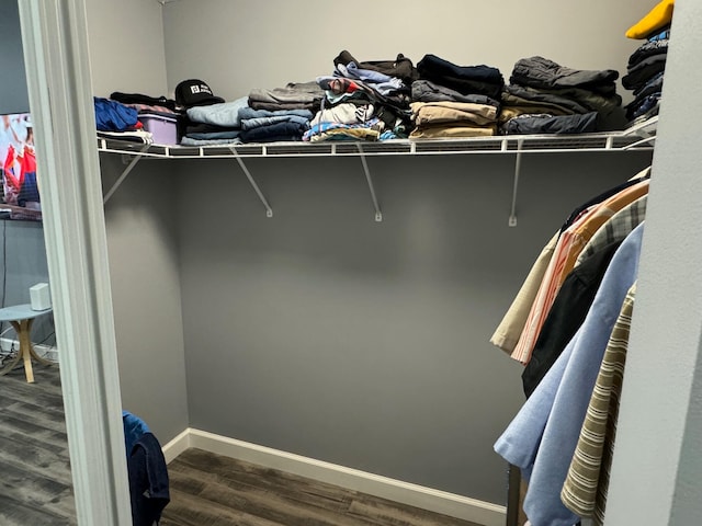 walk in closet with dark hardwood / wood-style floors