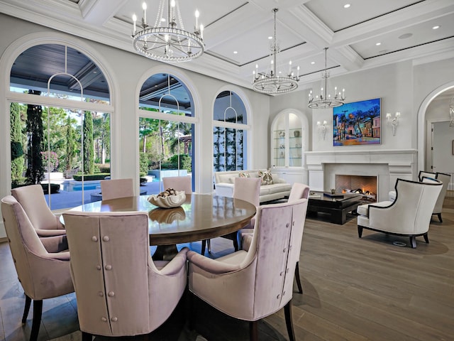 dining room featuring built in features, beam ceiling, coffered ceiling, dark hardwood / wood-style flooring, and an inviting chandelier