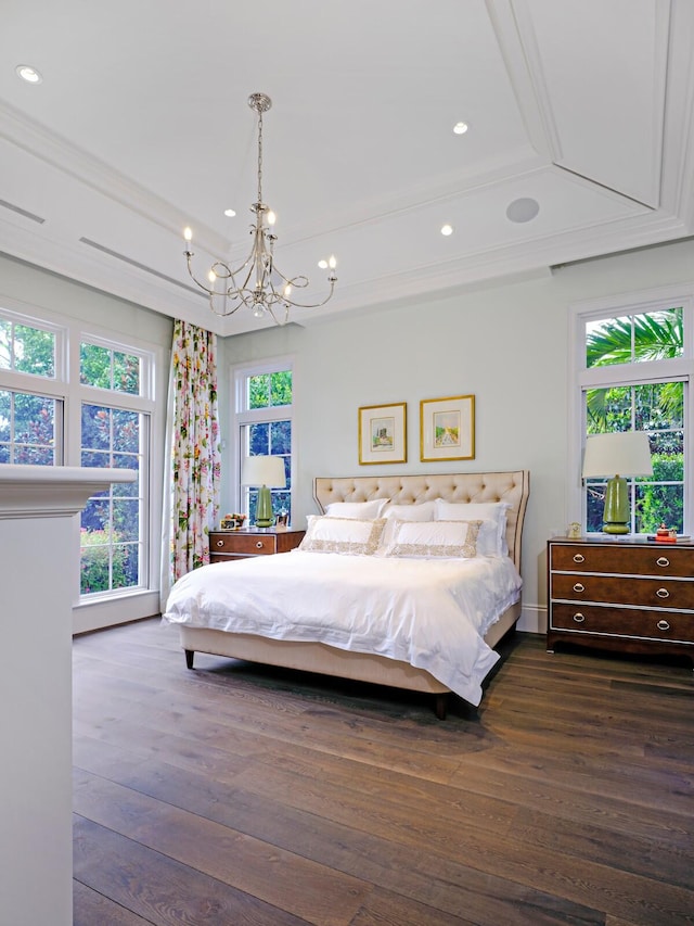 bedroom with a notable chandelier, a tray ceiling, and dark hardwood / wood-style floors