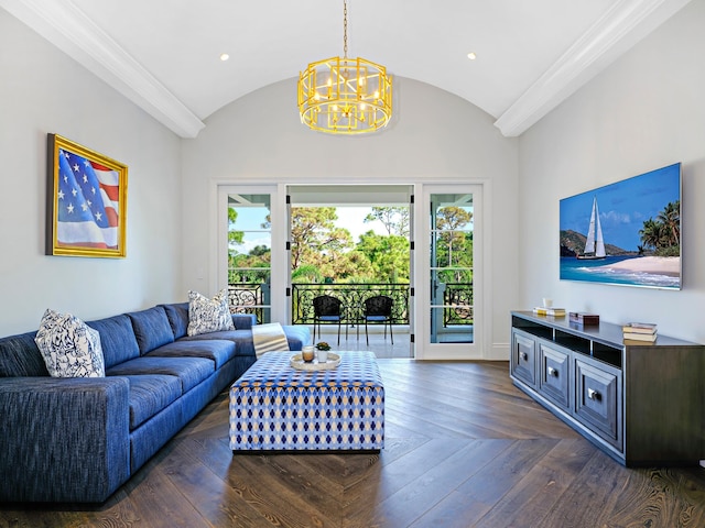 living room featuring ornamental molding, vaulted ceiling, dark parquet flooring, and an inviting chandelier