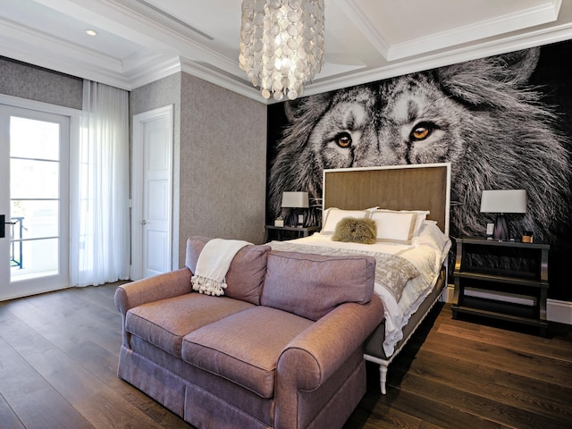 bedroom featuring ornamental molding, dark hardwood / wood-style flooring, and beamed ceiling