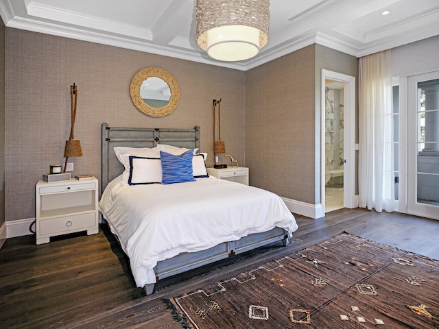 bedroom featuring connected bathroom, beam ceiling, and dark hardwood / wood-style floors