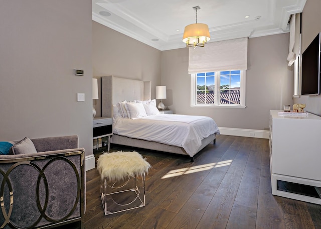 bedroom with a raised ceiling and dark hardwood / wood-style flooring