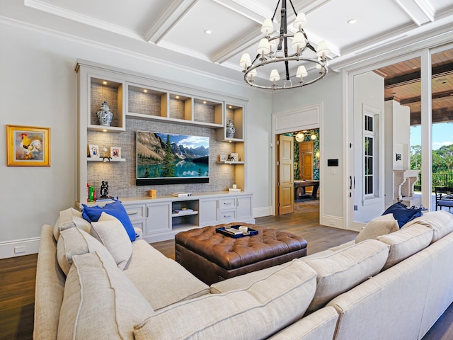 living room featuring an inviting chandelier, beam ceiling, dark hardwood / wood-style floors, and coffered ceiling