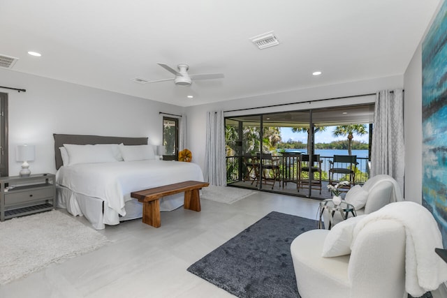 bedroom with ceiling fan, access to outside, and a water view