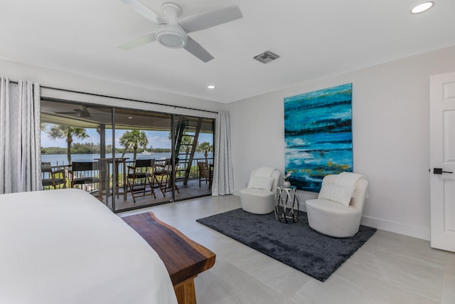 tiled bedroom featuring a water view, ceiling fan, and access to exterior