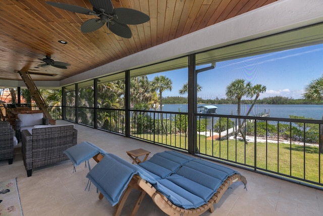 sunroom / solarium featuring ceiling fan, wooden ceiling, and a water view