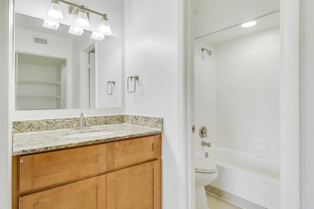 full bathroom with shower / tub combination, tile flooring, vanity, and toilet