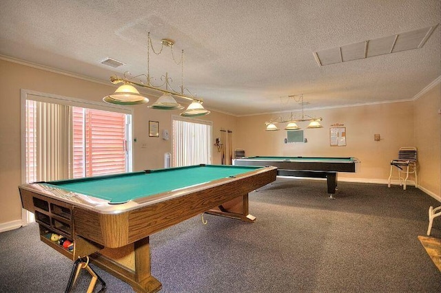 playroom featuring a textured ceiling, billiards, and ornamental molding