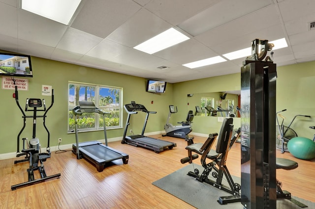 exercise room featuring a drop ceiling and light hardwood / wood-style flooring